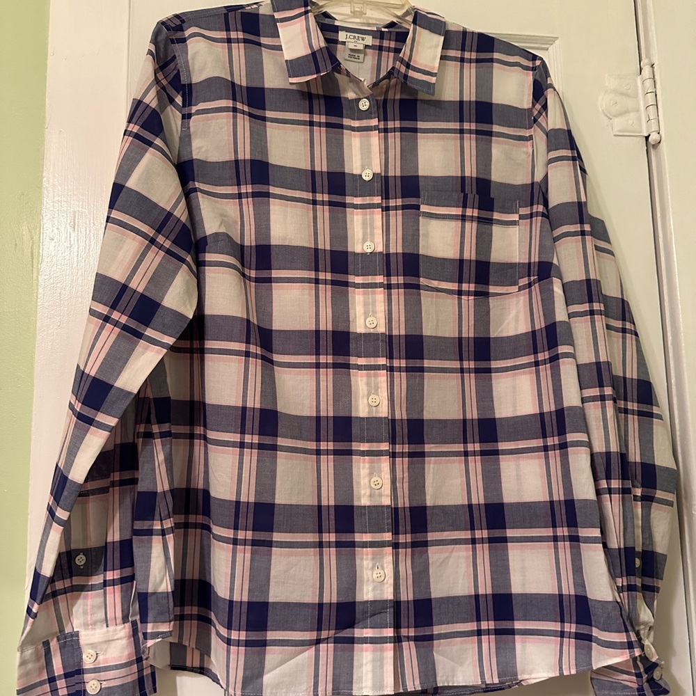 NWT J Crew Blue & Pink Plaid Long Sleeve Button Front Shirt Size XL